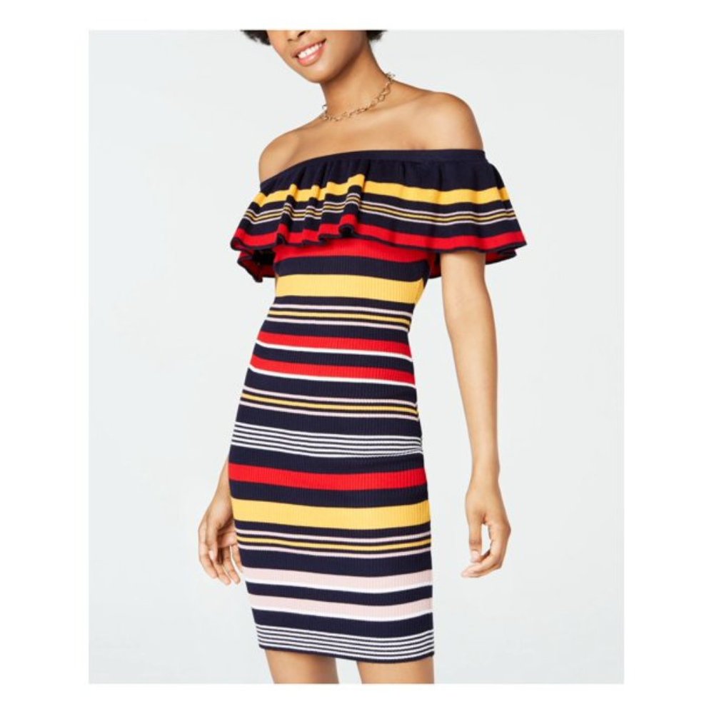 Sweater Dress M / S ALMOST FAMOUS Retro Striped Off The Shoulder Mini Body Con - Picture 2 of 9